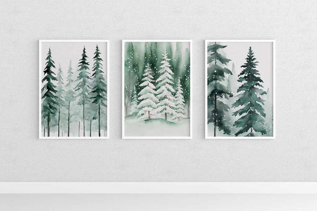 Winter pine tree watercolor forest landscape set of 3 wall art in natural wood frame 12x12 inch 3...