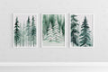 Winter pine tree watercolor forest landscape set of 3 wall art in natural wood frame 12x12 inch 3...