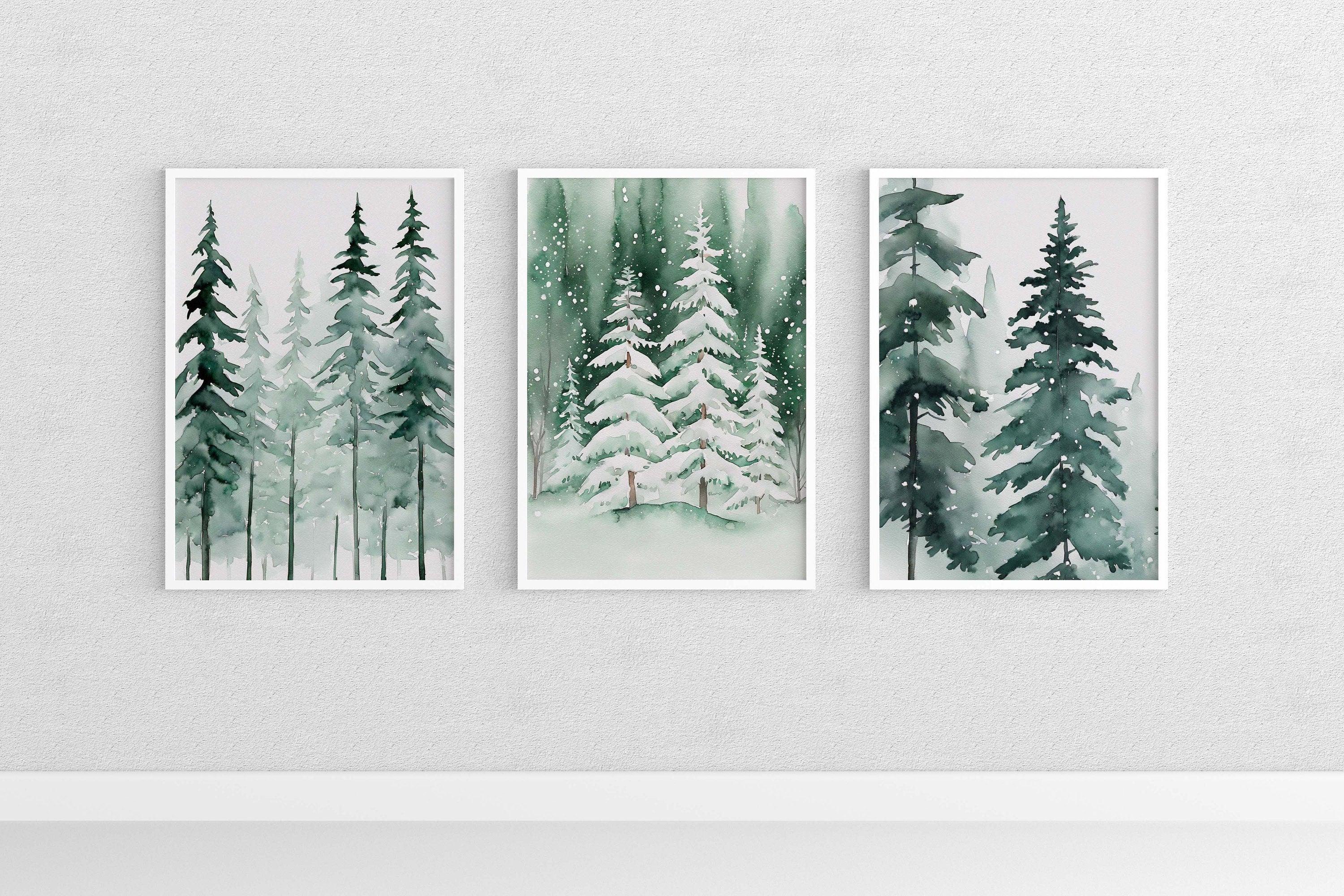 Winter pine tree watercolor forest landscape set of 3 wall art in natural wood frame 12x12 inch 3...