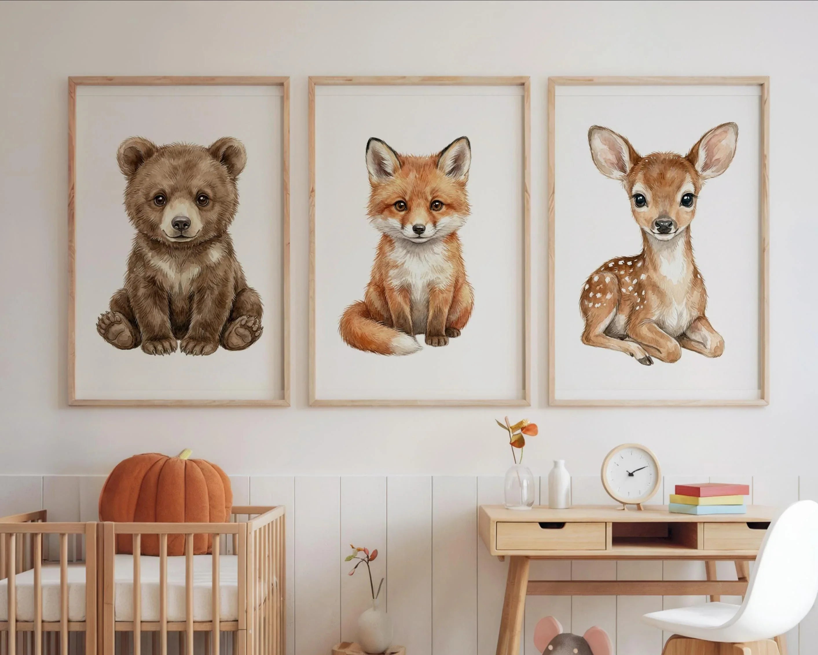 Woodland animals bear fox deer watercolor nursery wall art set of 3 unframed 12x12 inch 30x30 cm