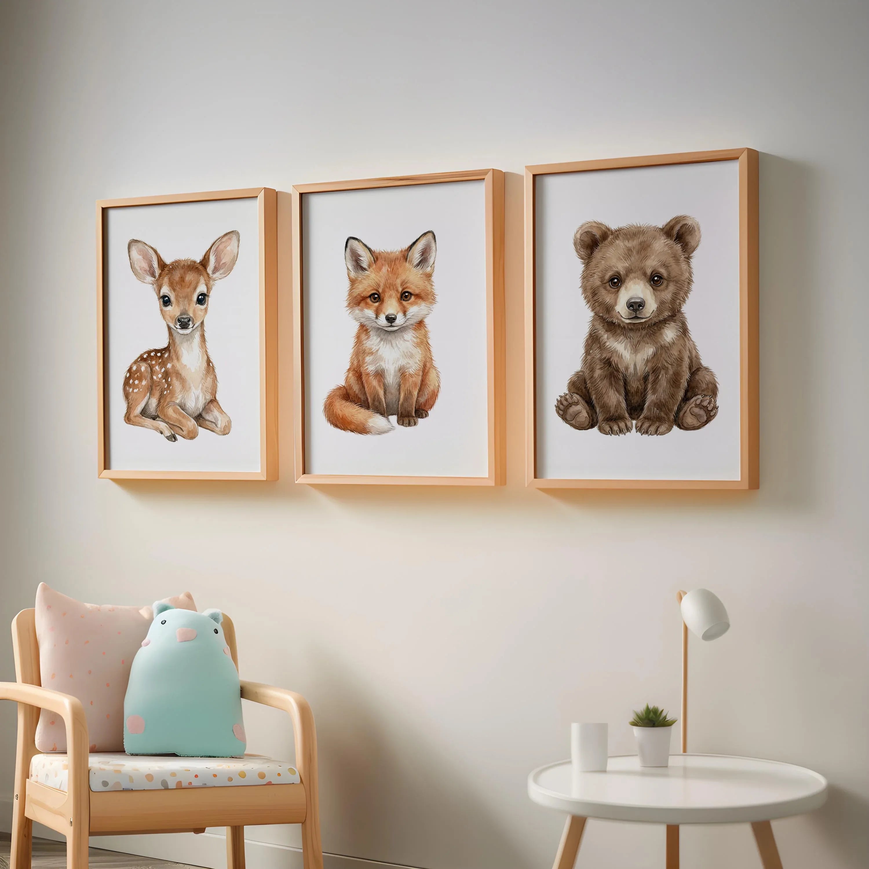 Woodland animals bear fox deer watercolor nursery wall art set of 3 in dark wood frame 12x12 inch...
