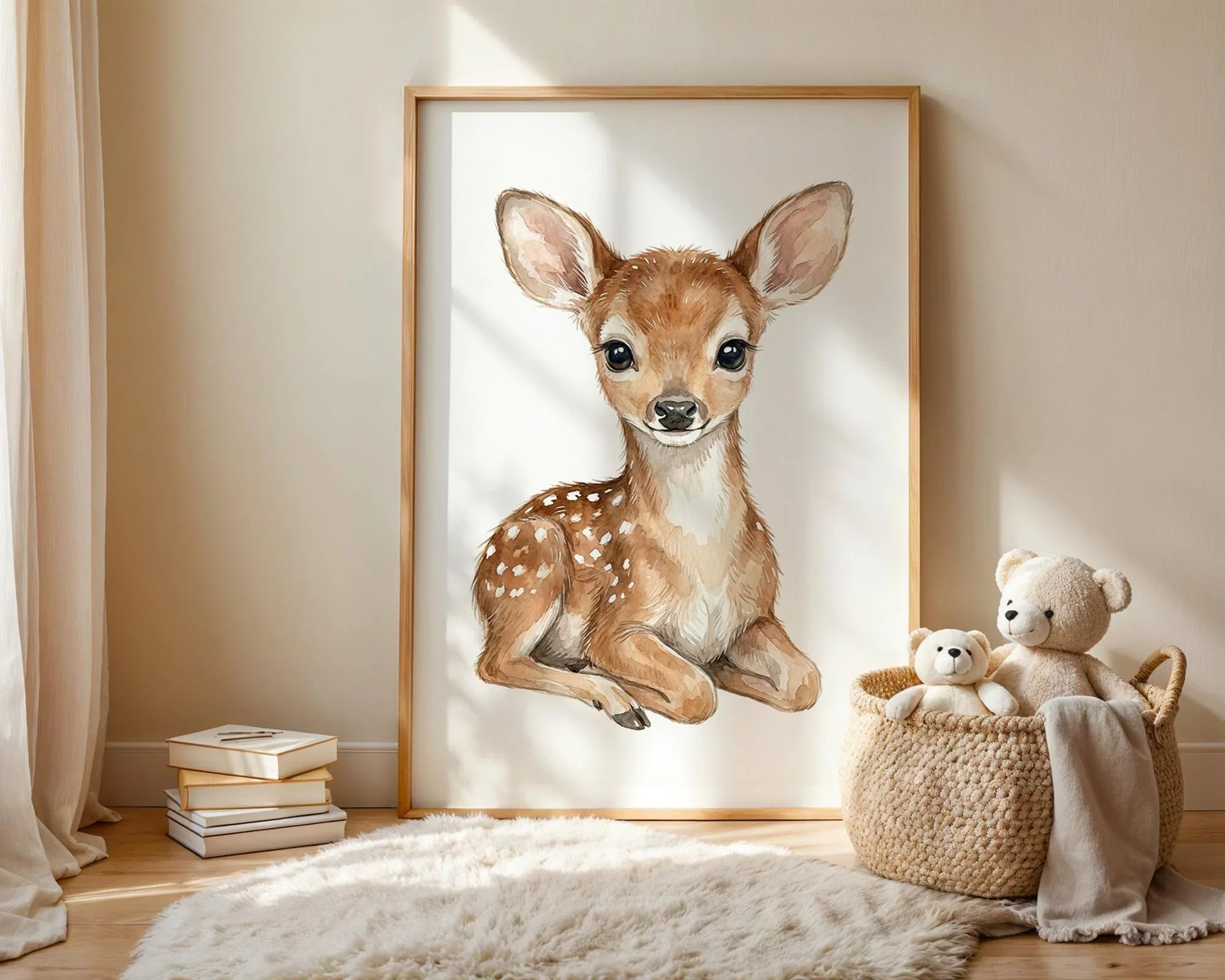 Woodland animals bear fox deer watercolor nursery wall art set of 3 in white frame 12x12 inch 30x...