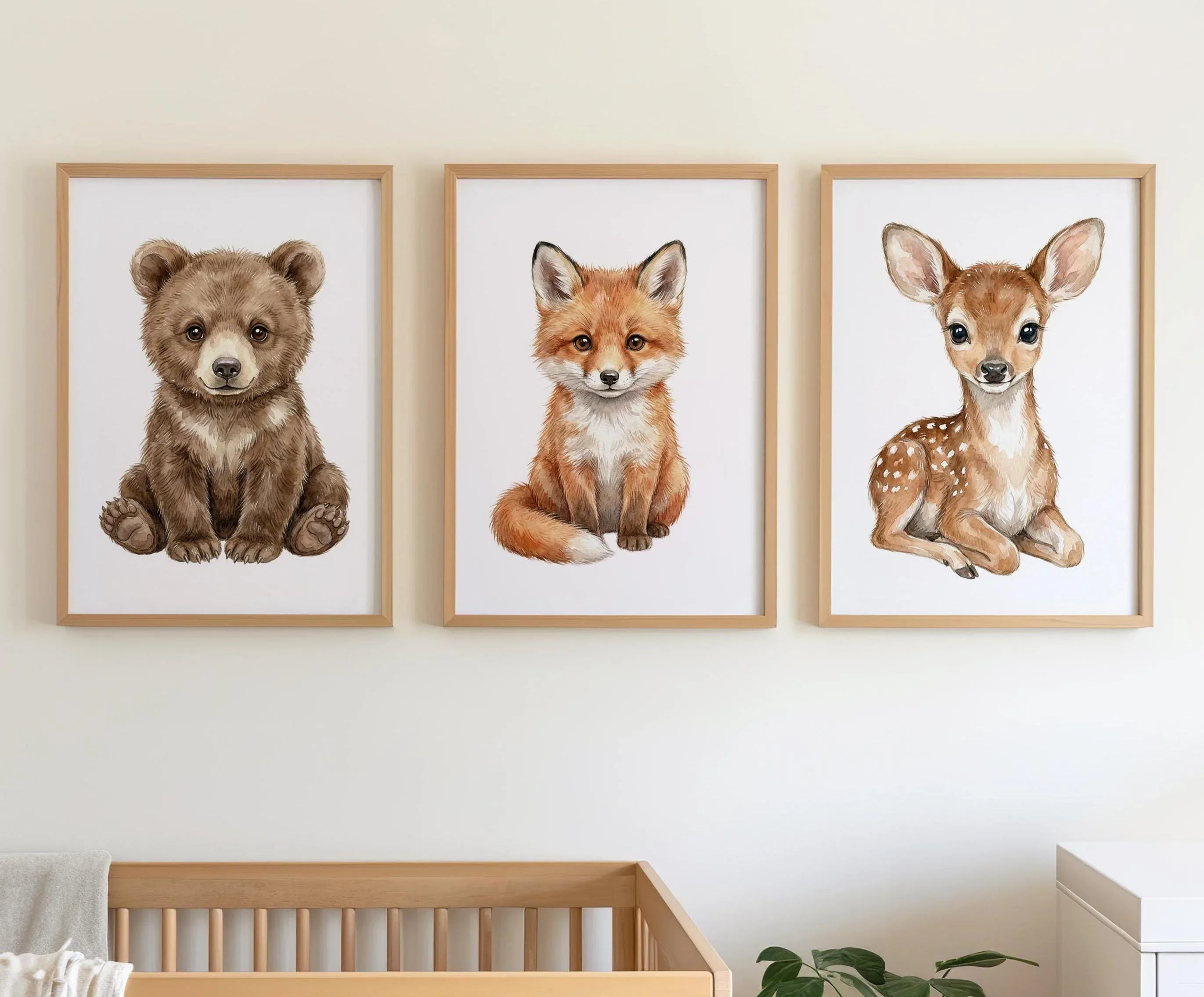 Woodland animals bear fox deer watercolor nursery wall art set of 3 in natural wood frame 12x12 i...
