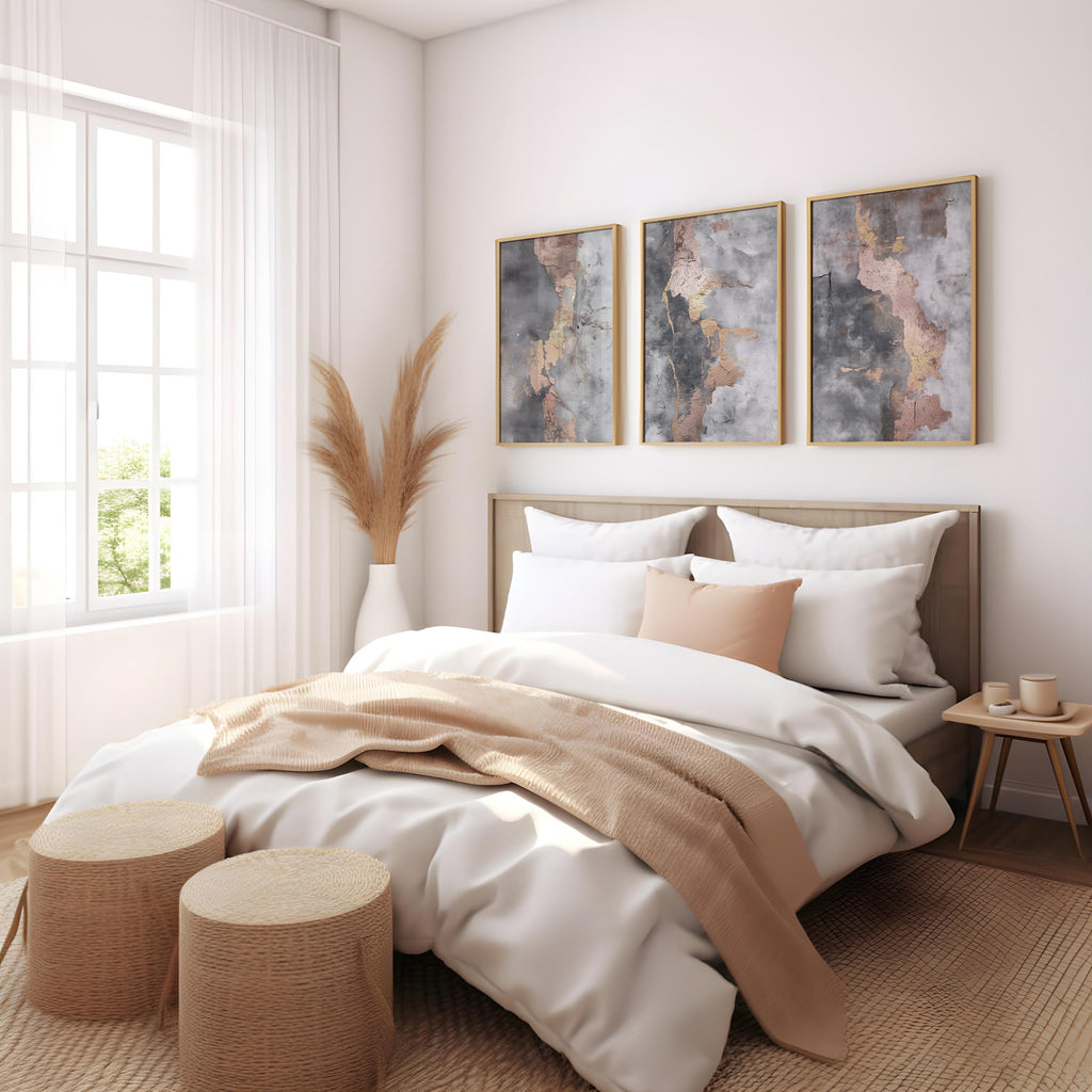 Abstract Triptych Wall Art: Gold, Blush, Gray Textured Prints