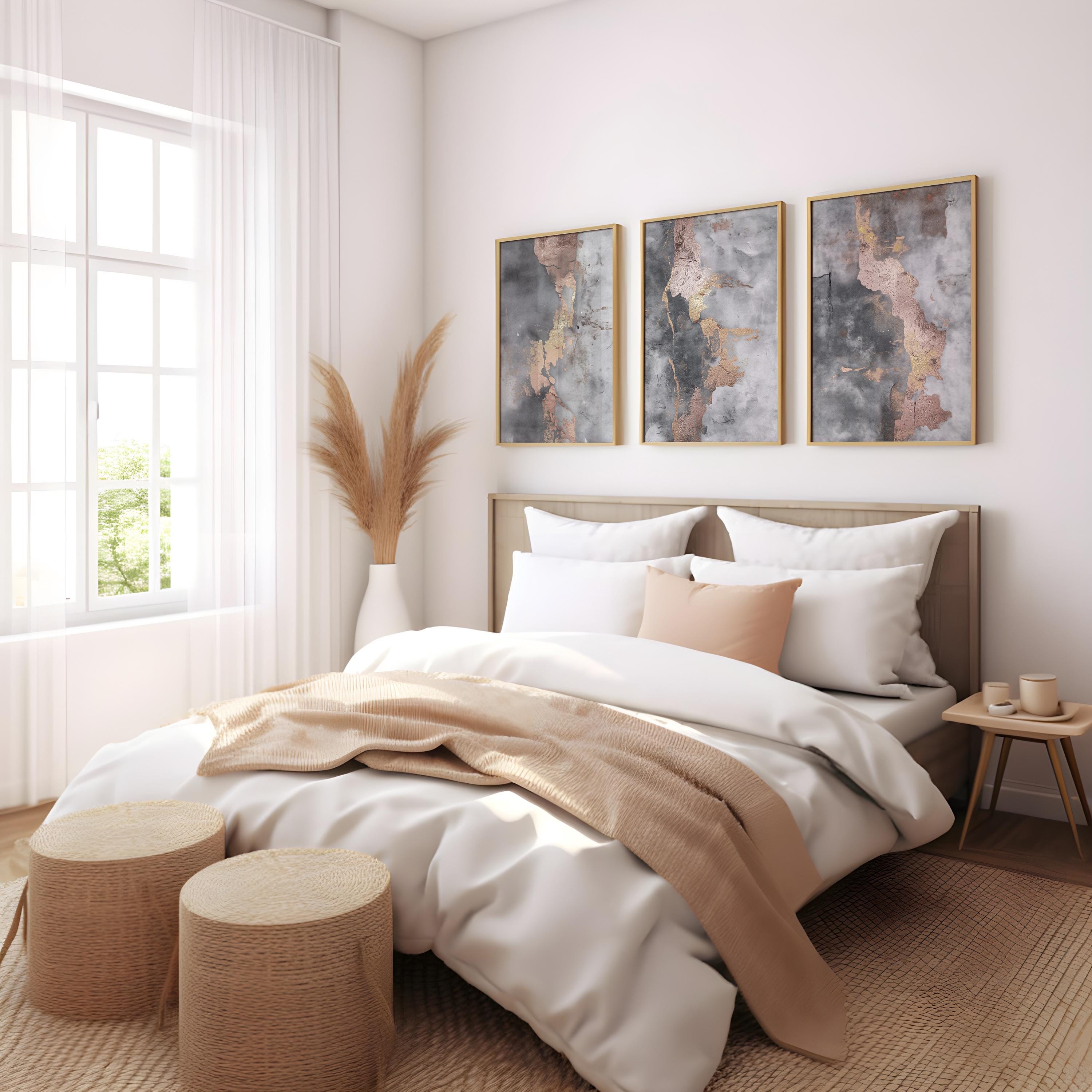 Abstract Triptych Wall Art: Gold, Blush, Gray Textured Prints