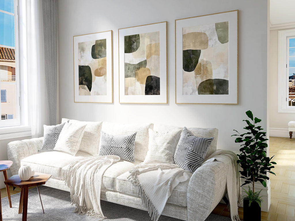 Abstract Olive Green Wall Art Set: Modern Textured Triptych