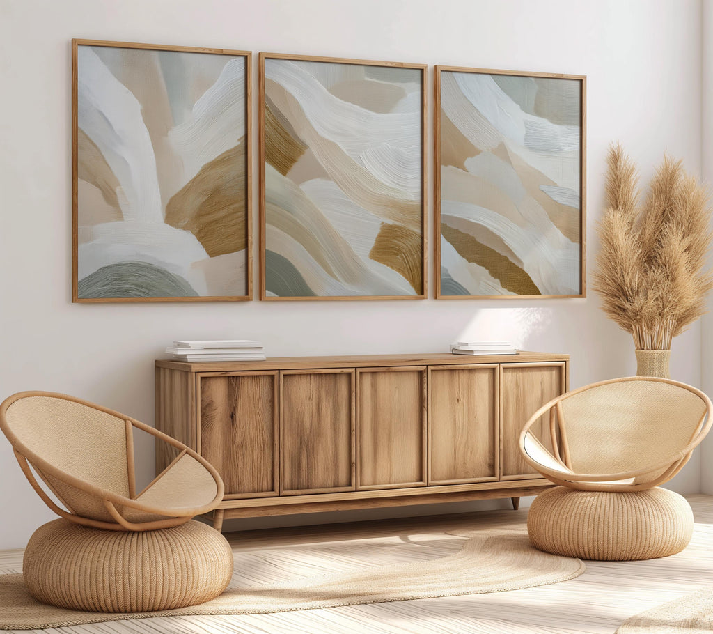 Abstract Brushstroke Print Set | Sage Green, Beige Triptych
