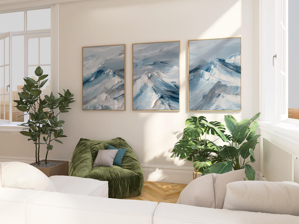 Abstract Mountain Landscape Print Set: Blue White Triptych, Modern Winter Decor