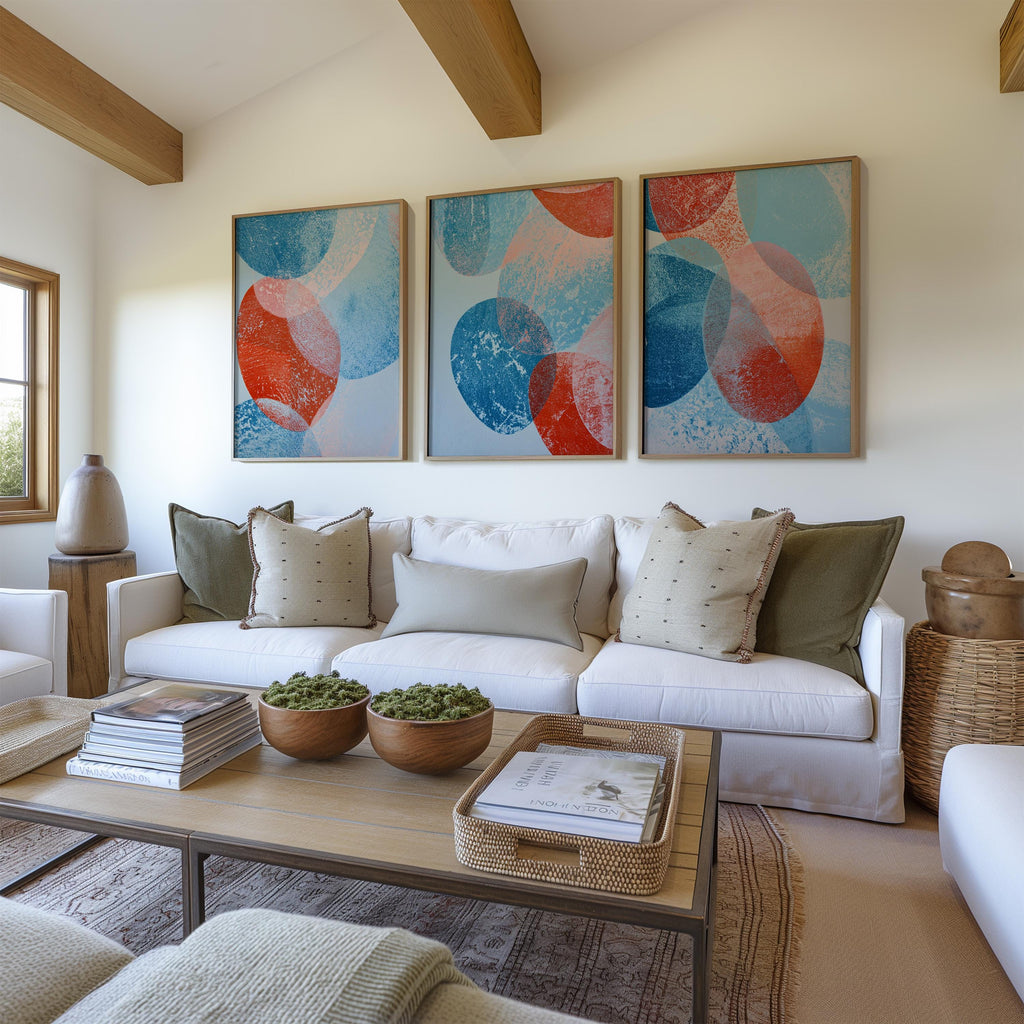 Abstract Circle Prints Set of 3, Blue Red Geometric Wall Art, Mid Century Modern Posters for Living Room Bedroom Decor