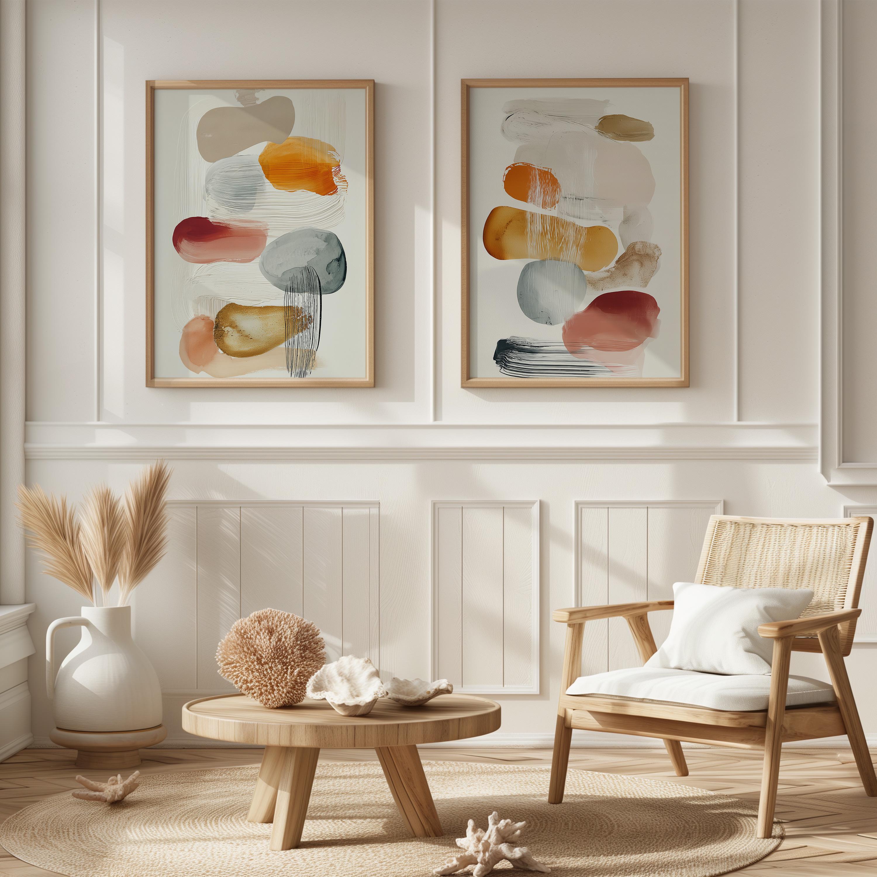 Abstract Wall Art Prints Set of 2 Modern Organic Shapes Warm Neutral Tones Mustard Orange Contemporary Home Decor