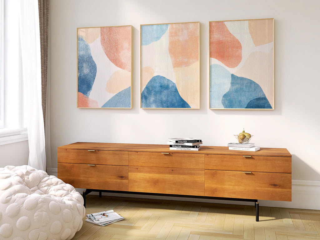 Abstract Blue Peach Canvas Prints: Minimalist Triptych Set