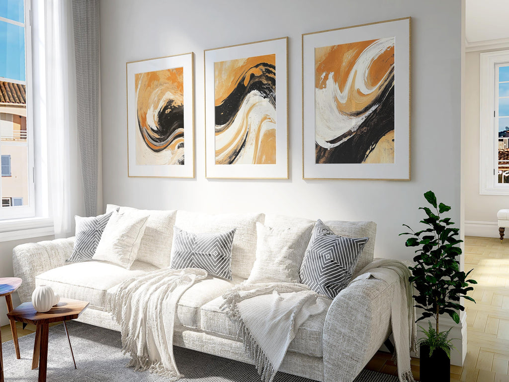 Abstract Swirl Art Prints: Black & Burnt Orange Triptych