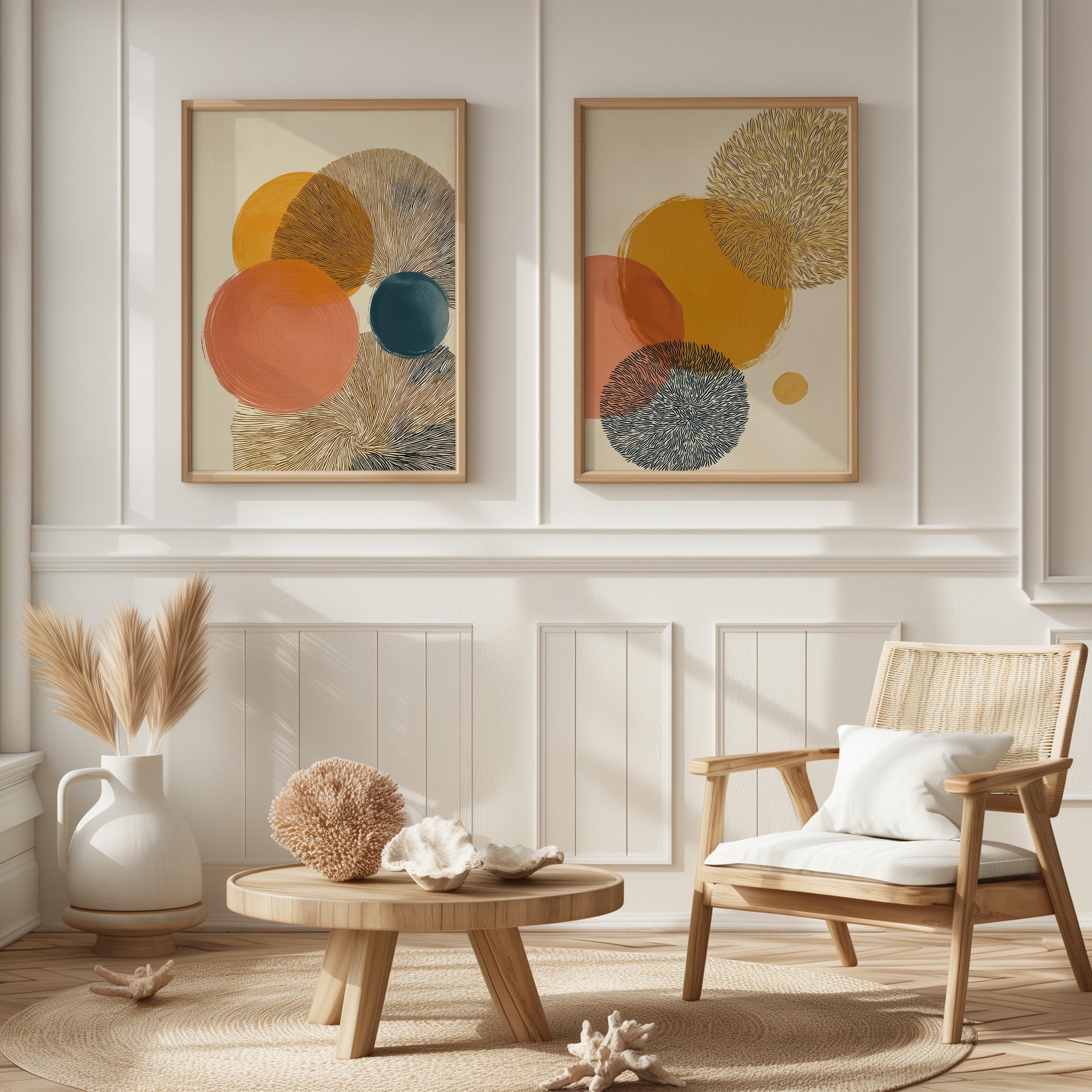 Abstract Circle Art Prints Set of 2 Modern Geometric Wall Decor Mustard Orange Teal Warm Boho Contemporary