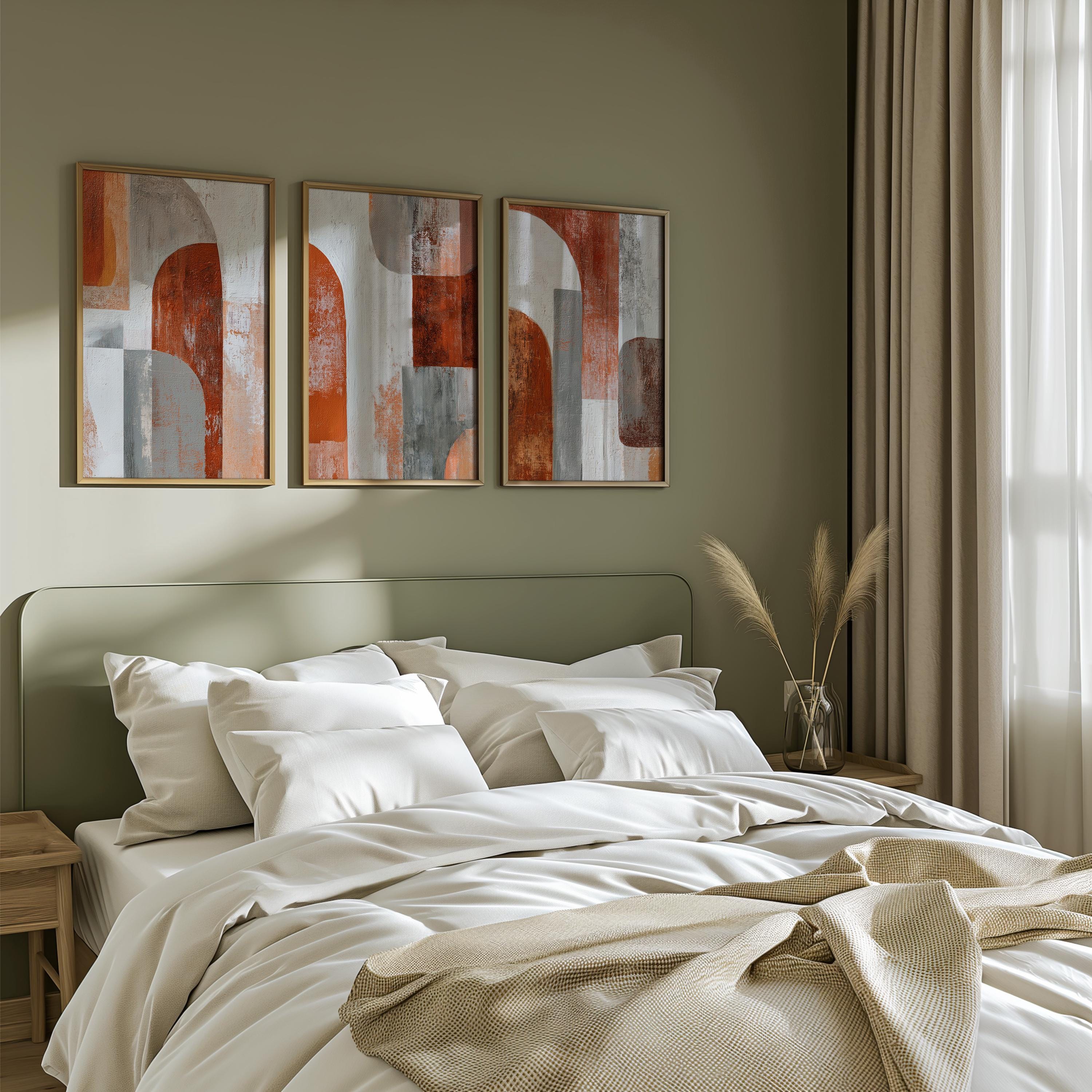 Abstract Geometric Wall Art Set of 3 - Modern Earth Tone Prints - Rust Orange Gray Artwork Print