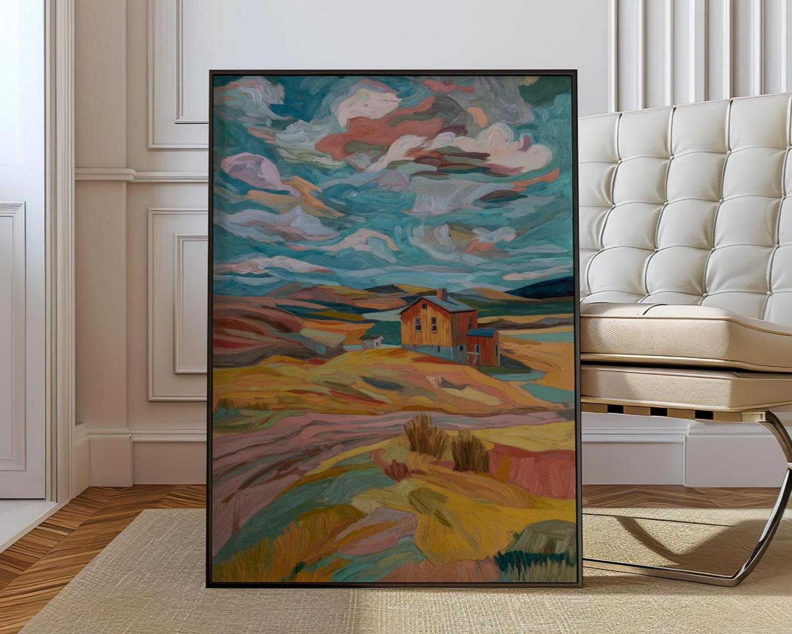 Abstract Farmhouse Landscape Art Print | Modern Impressionist Painting