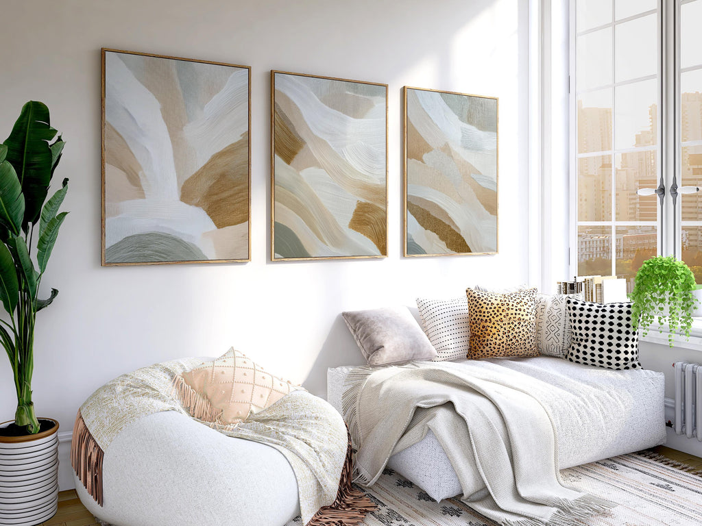 Abstract Brushstroke Print Set | Sage Green, Beige Triptych