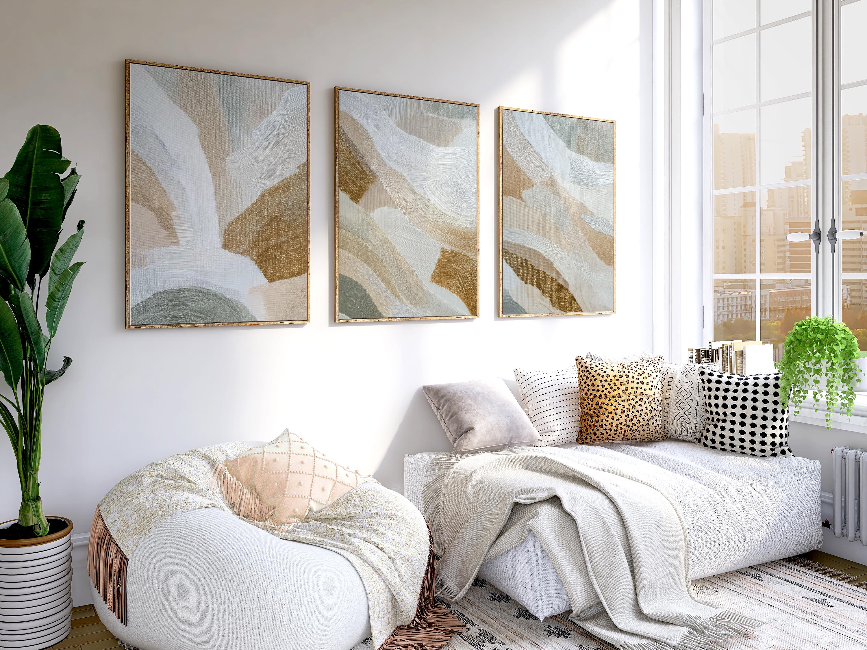 Abstract Brushstroke Print Set | Sage Green, Beige Triptych