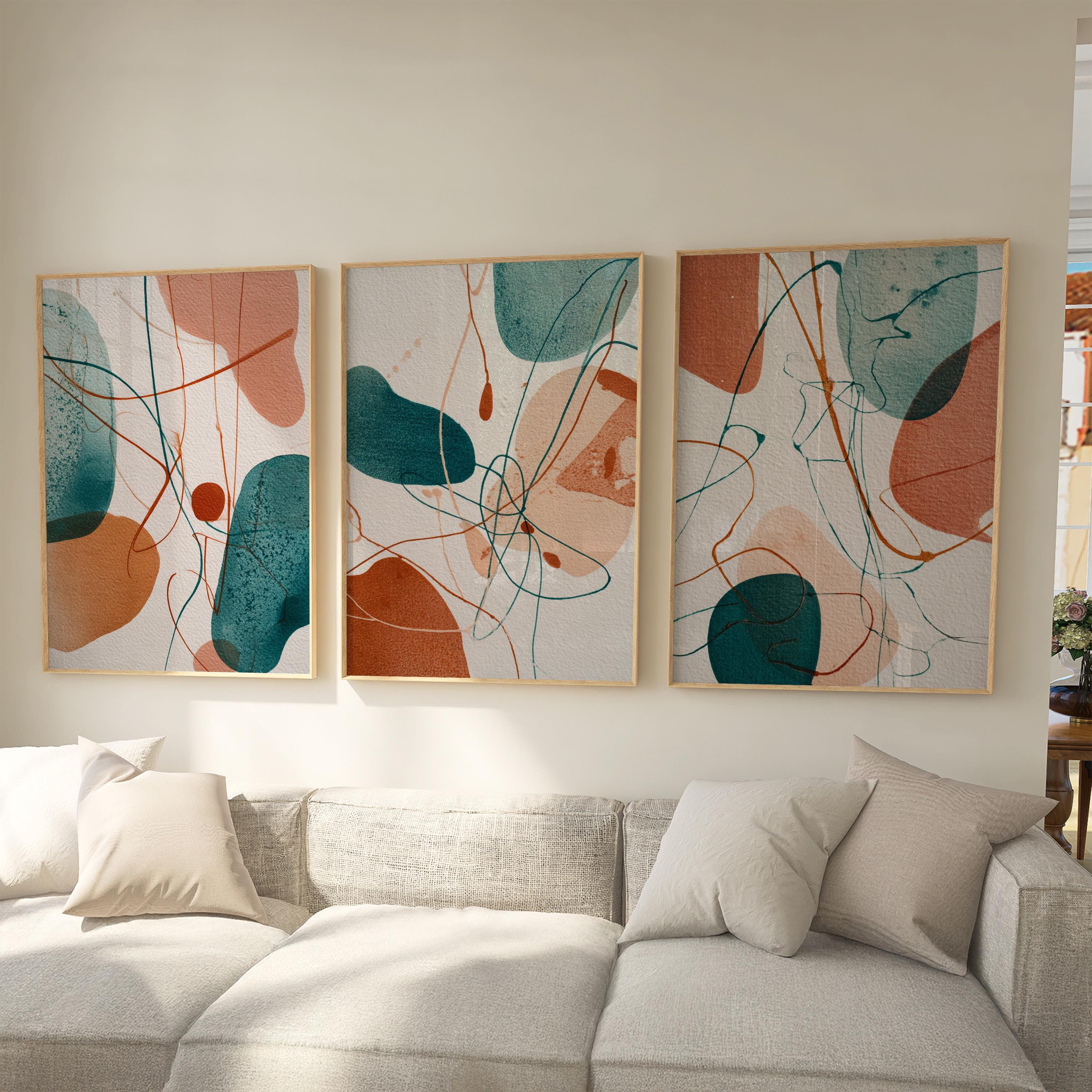 Abstract Boho Prints Set of 3, Teal Terracotta Wall Art, Organic Shapes Modern Posters for Living Room Bedroom Decor