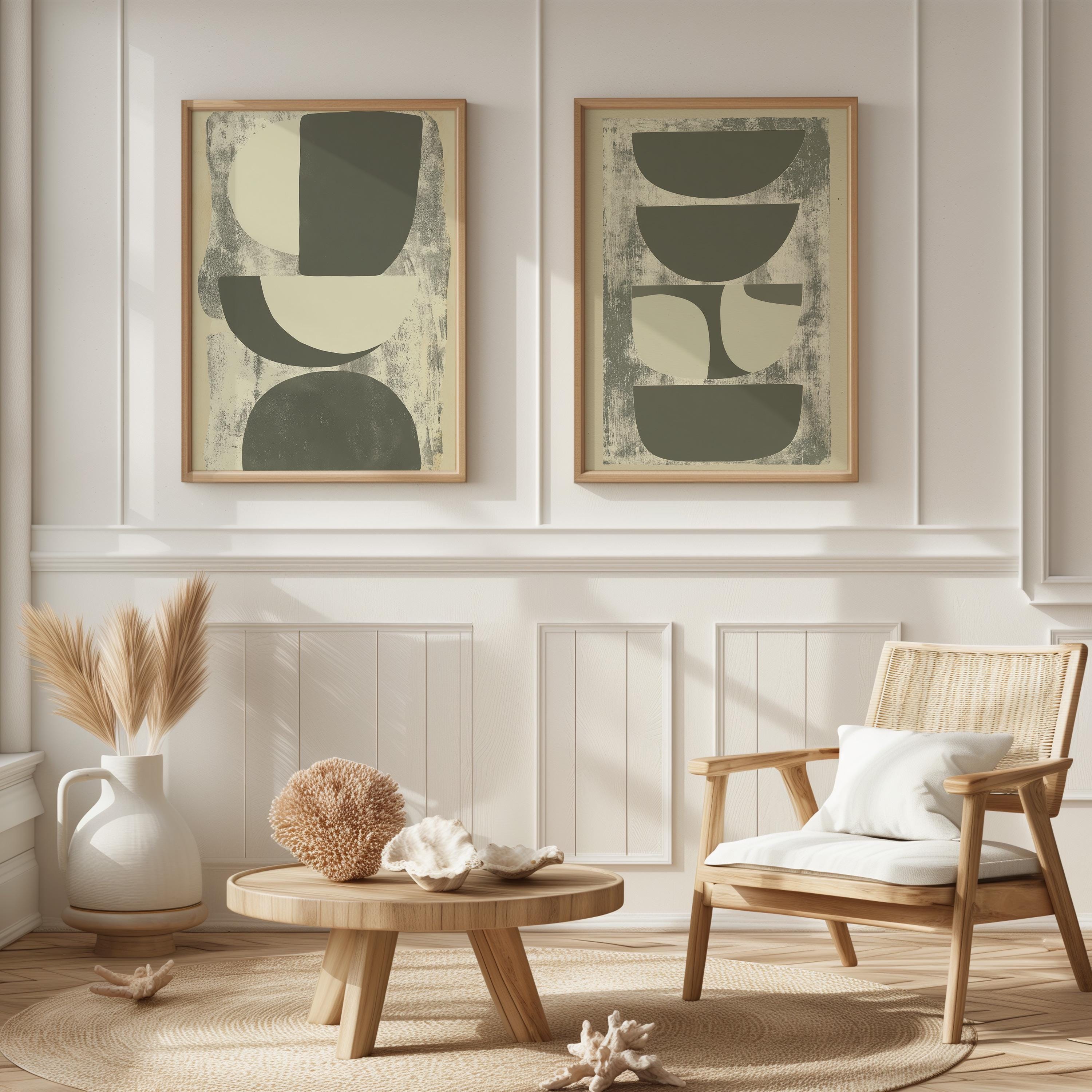 Abstract Geometric Wall Art Set of 2 Prints Neutral Minimalist Modern Home Decor Beige Gray Living Room