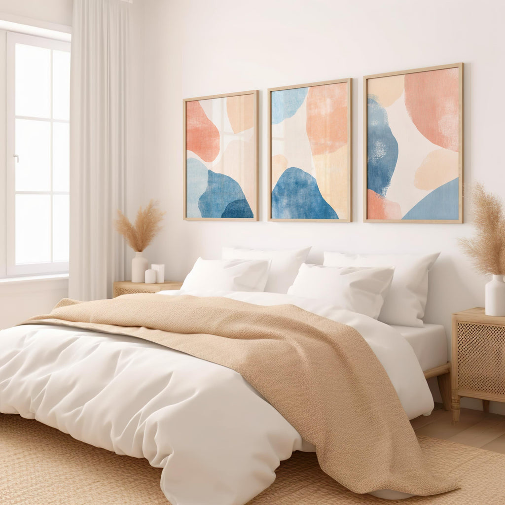 Abstract Blue Peach Canvas Prints: Minimalist Triptych Set