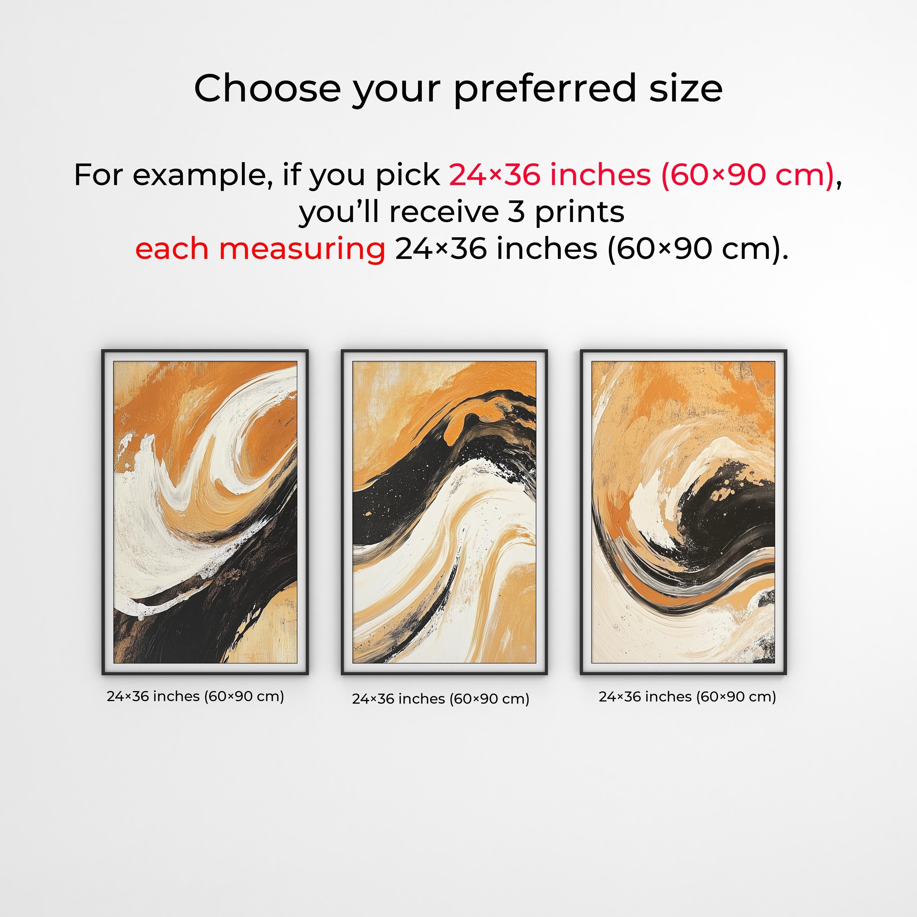 Abstract Swirl Art Prints: Black & Burnt Orange Triptych