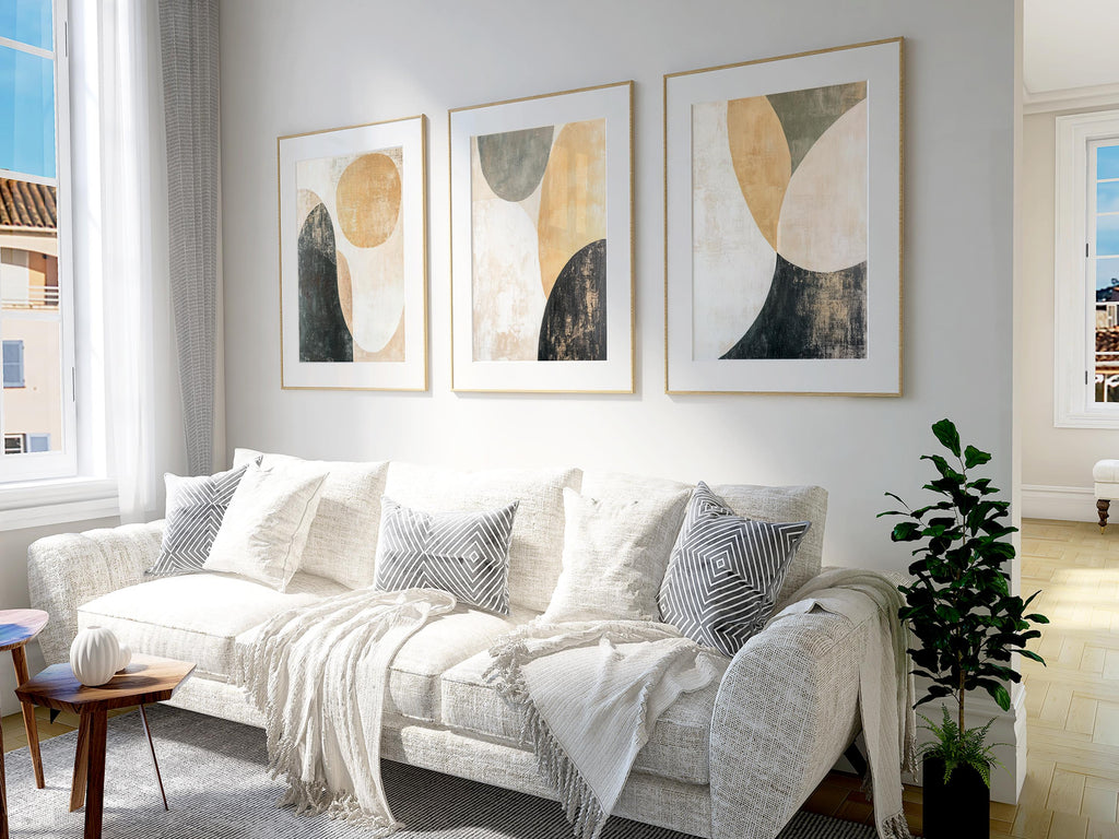 Abstract Circular Art Print Set: Beige & Green Triptych