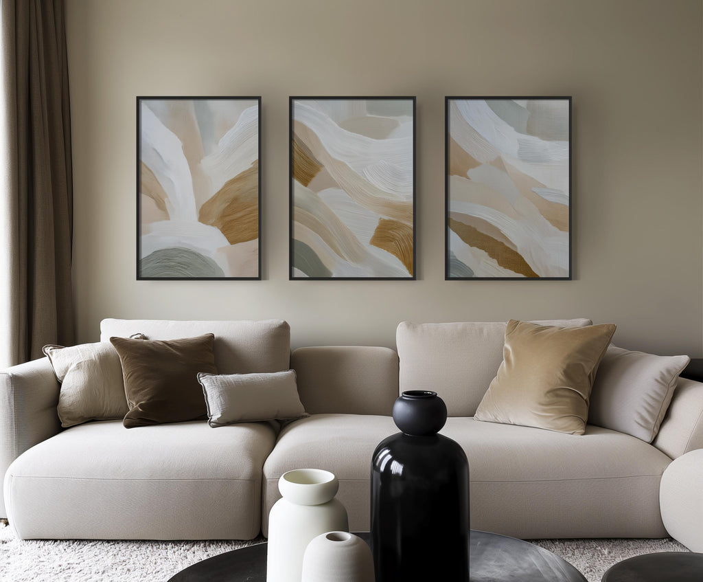 Abstract Brushstroke Print Set | Sage Green, Beige Triptych