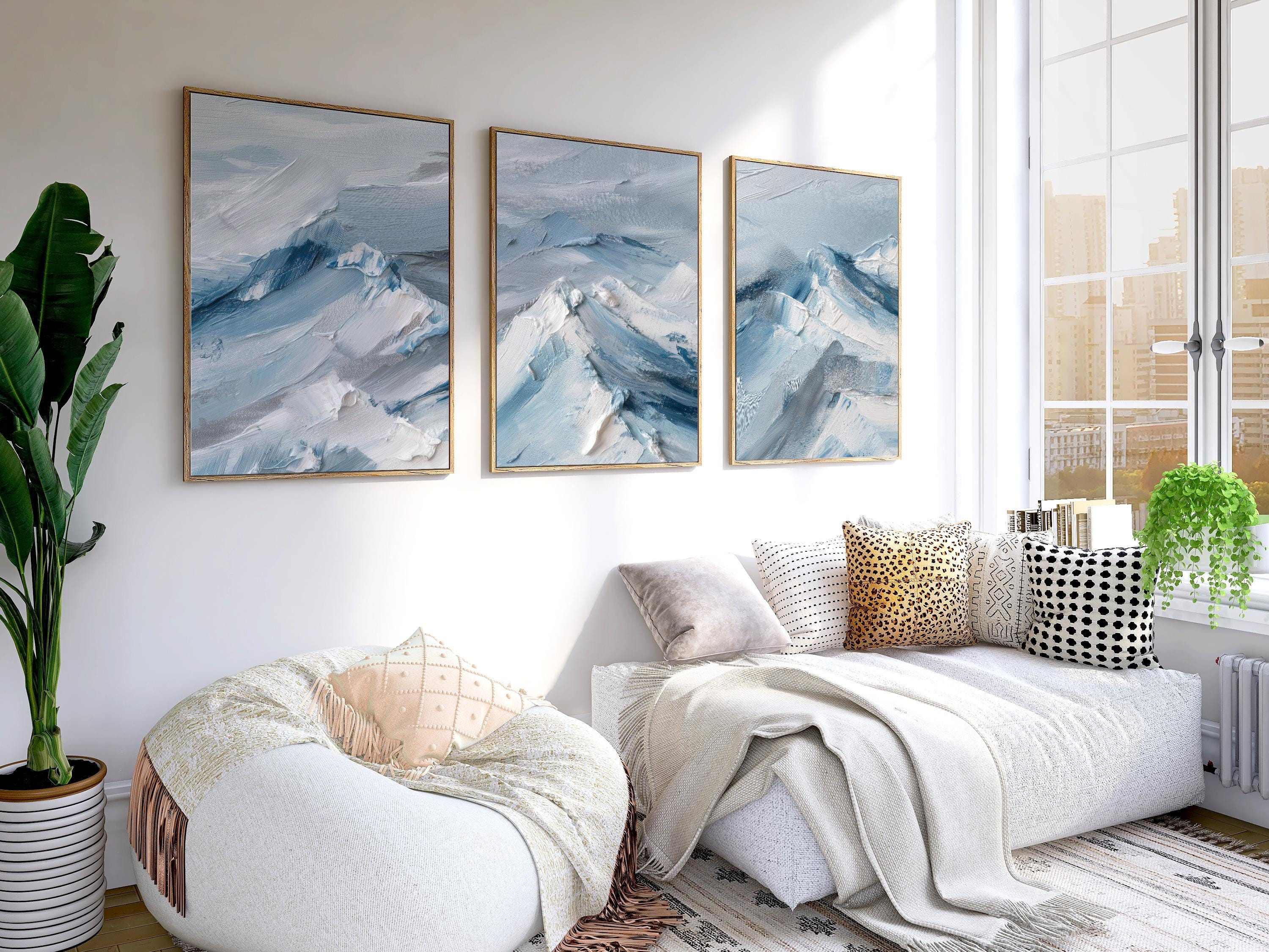 Abstract Mountain Landscape Print Set: Blue White Triptych, Modern Winter Decor