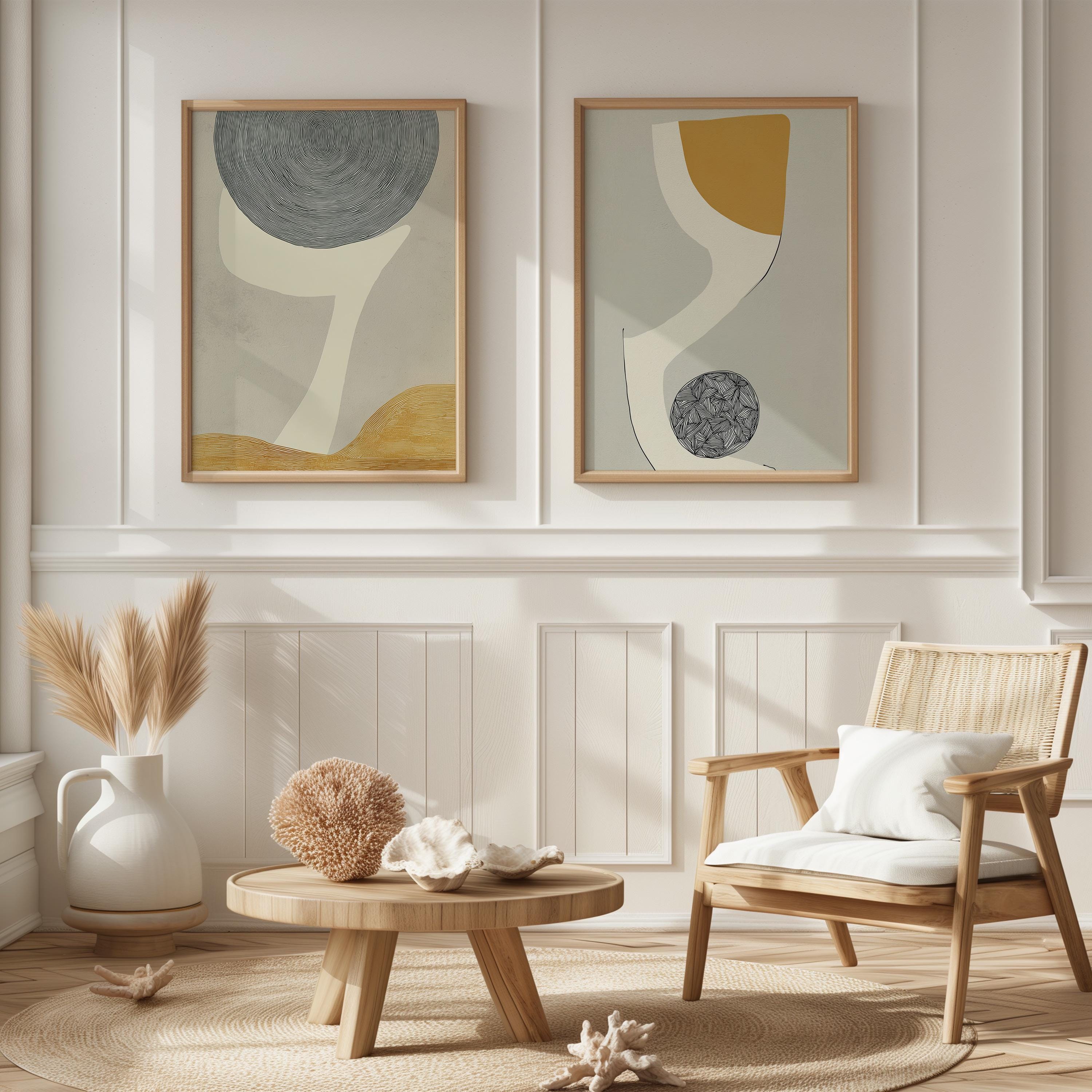 Abstract Geometric Wall Art Set of 2 Neutral Mustard Gray Modern Prints