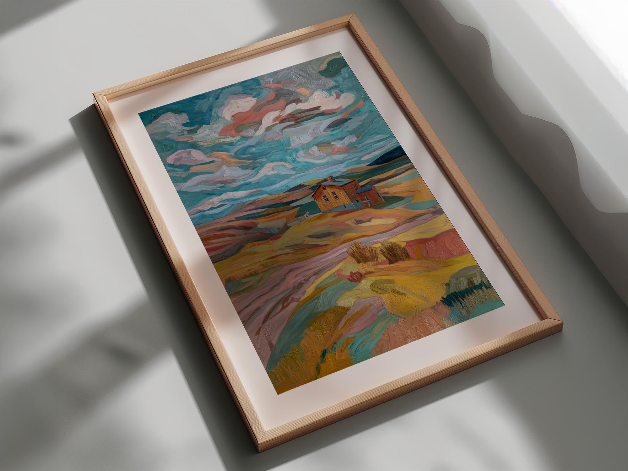 Abstract Farmhouse Landscape Art Print | Modern Impressionist Painting