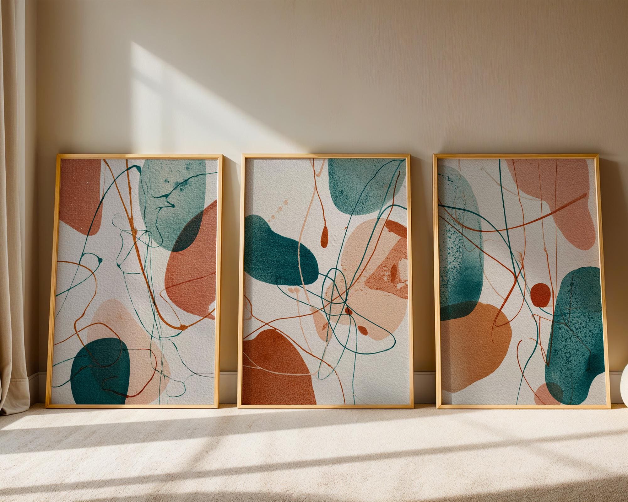 Abstract Boho Prints Set of 3, Teal Terracotta Wall Art, Organic Shapes Modern Posters for Living Room Bedroom Decor
