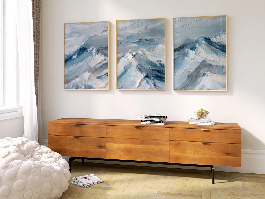 Abstract Mountain Landscape Print Set: Blue White Triptych, Modern Winter Decor