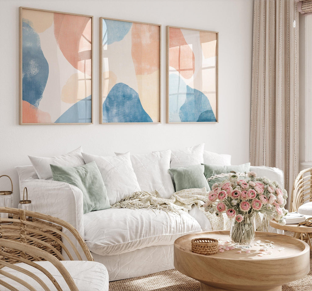 Abstract Blue Peach Canvas Prints: Minimalist Triptych Set
