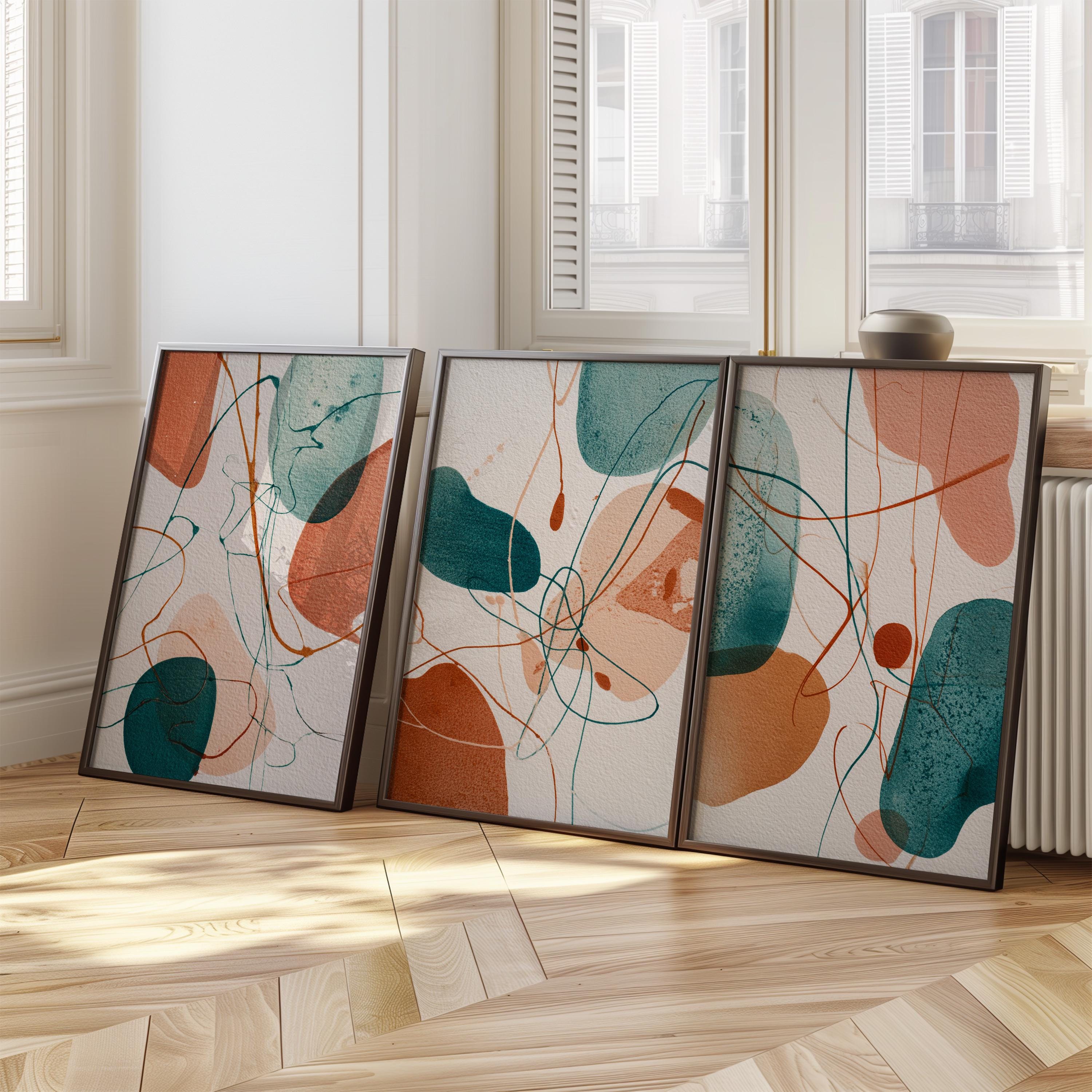 Abstract Boho Prints Set of 3, Teal Terracotta Wall Art, Organic Shapes Modern Posters for Living Room Bedroom Decor