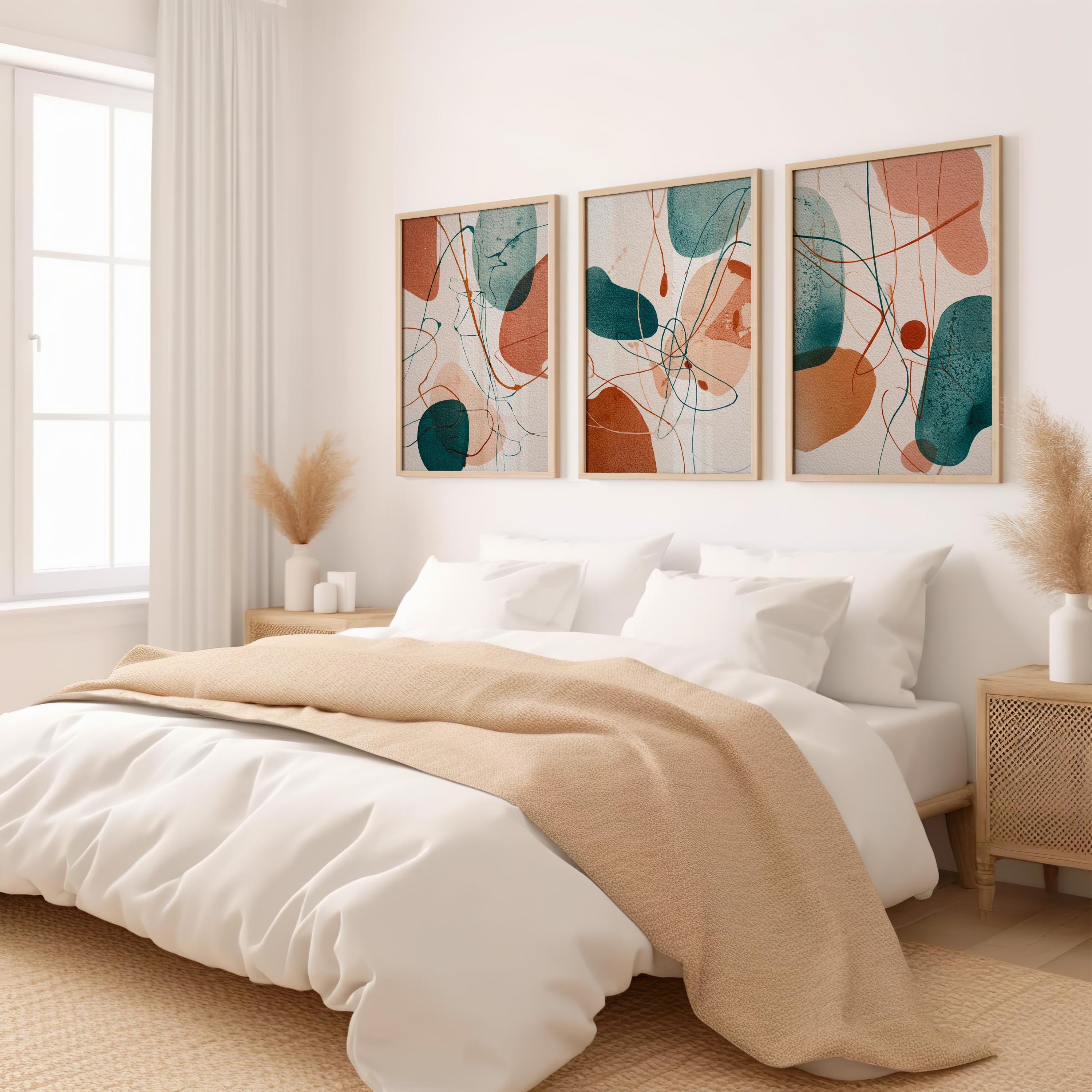 Abstract Boho Prints Set of 3, Teal Terracotta Wall Art, Organic Shapes Modern Posters for Living Room Bedroom Decor