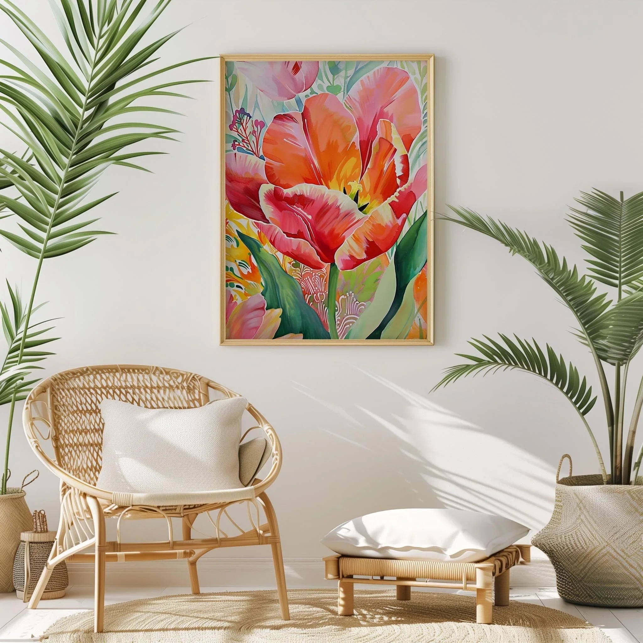 Red tulip botanical watercolor wall art – vibrant crimson tulip with lush green leaves